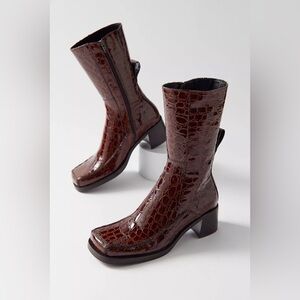 E8 by Miista Brown Heeled Boots with Croc-Embossed Design